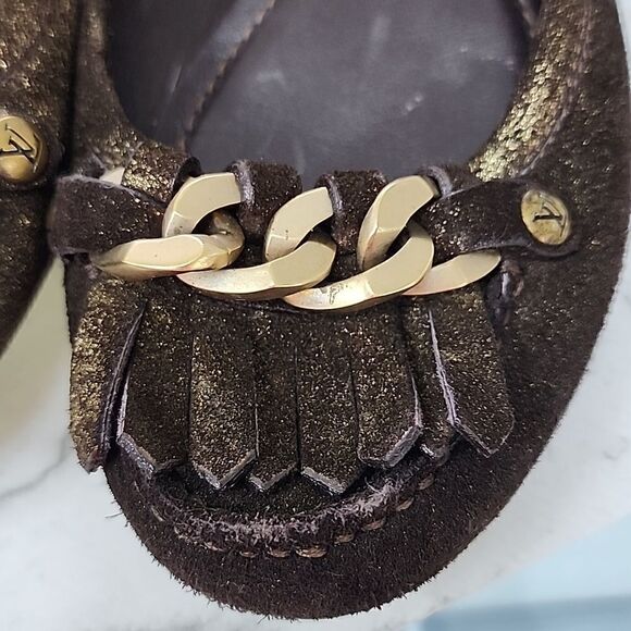 Authentic Louis Vuitton Brown Gold Suede Glitter Sheen Ballet Flats Size 36 - Picture 2 of 7